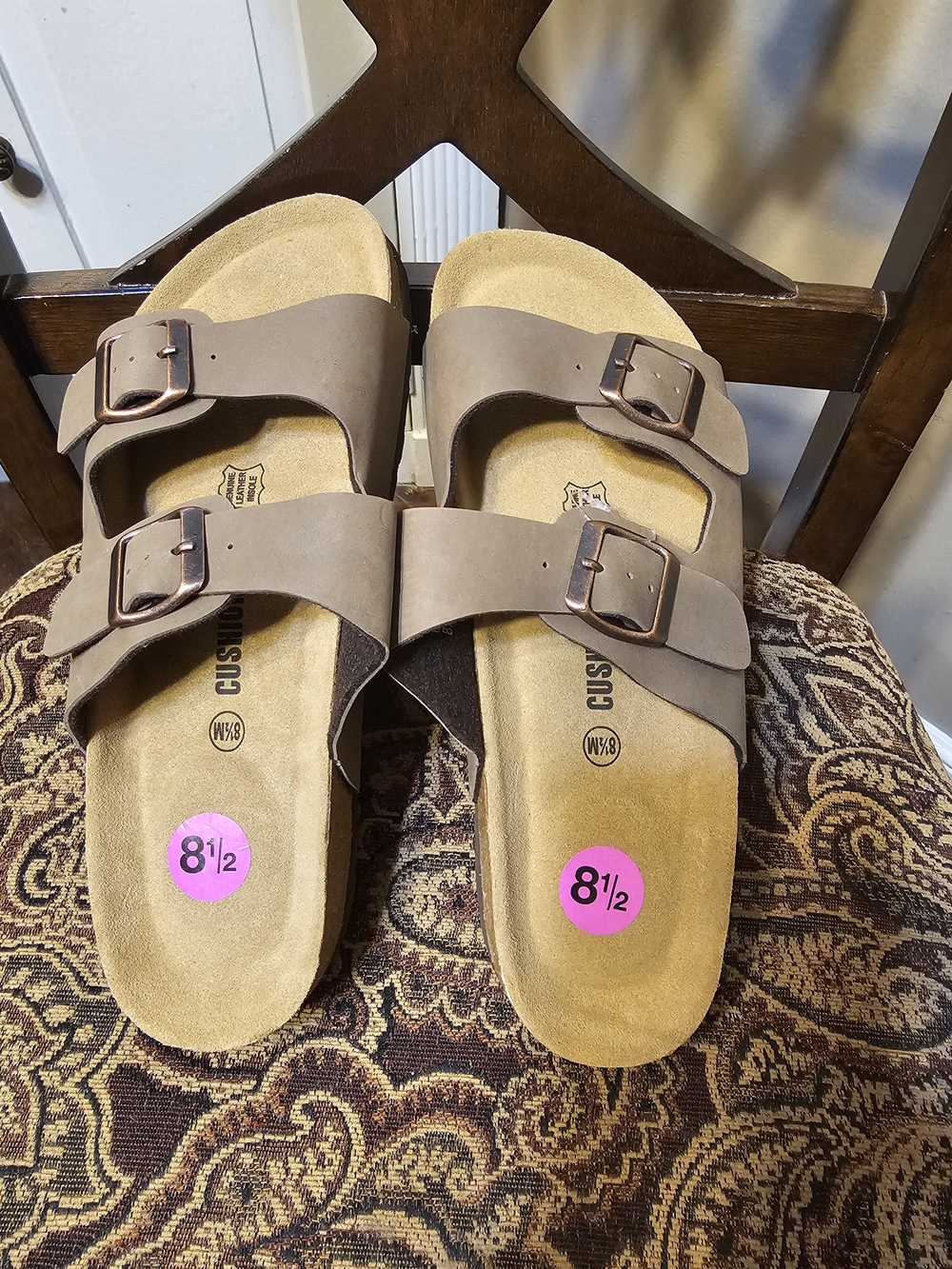 Cushionaire Double-Buckle Slide Sandals in Taupe